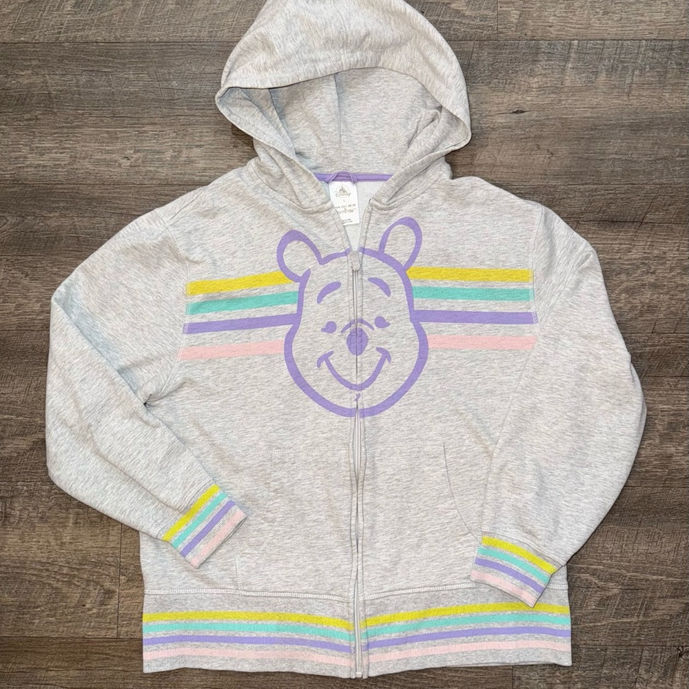 Disney Gray Hoodie with Pooh and Colorful Stripes